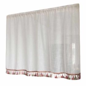 Semi-Sheer Cafe Curtain Tassels Short Kitchen Curtain Half Window Curtain, White, 57x24 inch