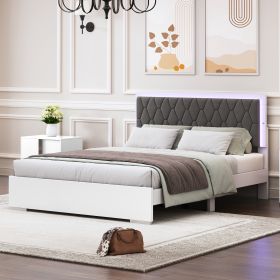 Queen Size Upholstered Bed with LED Light,Modern Platform Bed with with Velvet Headboard,White