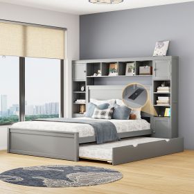 Queen Size Wooden Bed With All-in-One Cabinet, Shelf and Sockets, Gray