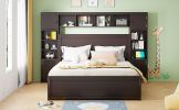 Queen Size Wooden Bed With All-in-One Cabinet, Shelf and Sockets, Espresso