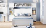 Full Size Wooden Bed With All-in-One Cabinet, Shelf and Sockets, White