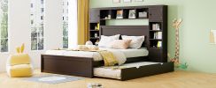 Queen Size Wooden Bed With All-in-One Cabinet, Shelf and Sockets, Espresso