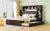 Queen Size Wooden Bed With All-in-One Cabinet, Shelf and Sockets, Espresso