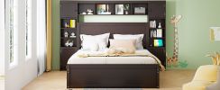 Queen Size Wooden Bed With All-in-One Cabinet, Shelf and Sockets, Espresso