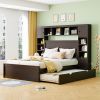 Queen Size Wooden Bed With All-in-One Cabinet, Shelf and Sockets, Espresso