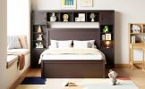 Full Size Wooden Bed With All-in-One Cabinet, Shelf and Sockets, Espresso