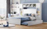 Full Size Wooden Bed With All-in-One Cabinet, Shelf and Sockets, White