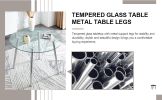 Table and chair set. (1 table+4 gray chairs) Round dining table with a 40 inch diameter glass tabletop and silver plated metal legs. 4 gray PU chairs