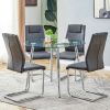 Table and chair set. (1 table+4 gray chairs) Round dining table with a 40 inch diameter glass tabletop and silver plated metal legs. 4 gray PU chairs