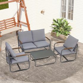 4-Piece Outdoor Patio Furniture Sets, Patio Conversation Set with Removable Seating Cushion, Courtyard Patio Set for Home, Yard, Poolside (Grey) (Color: Light grey)