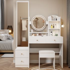 Full Body Mirror Cabinet + Round Mirror LED Vanity Table + Cushioned Stool, 17" diameter LED Mirror, Touch Control, 3-color, Brightness adjustable, La (Color: as Pic)