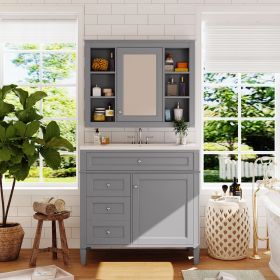 36'' Bathroom Vanity with Medicine Cabinet, Royal Blue Mirror Cabinet, Modern Bathroom Storage Cabinet with 2 Soft Closing Doors and 4 Drawers, Single (Color: Grey)